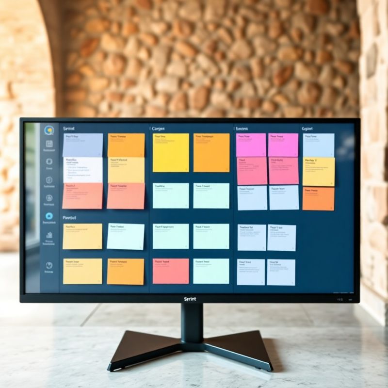 Sprint board na velikom monitoru s indigo-tech kanban karticama